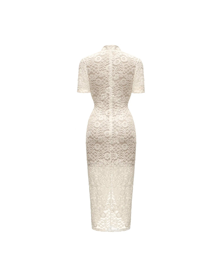 Amanda midi, milky lace dress with velvet flocking