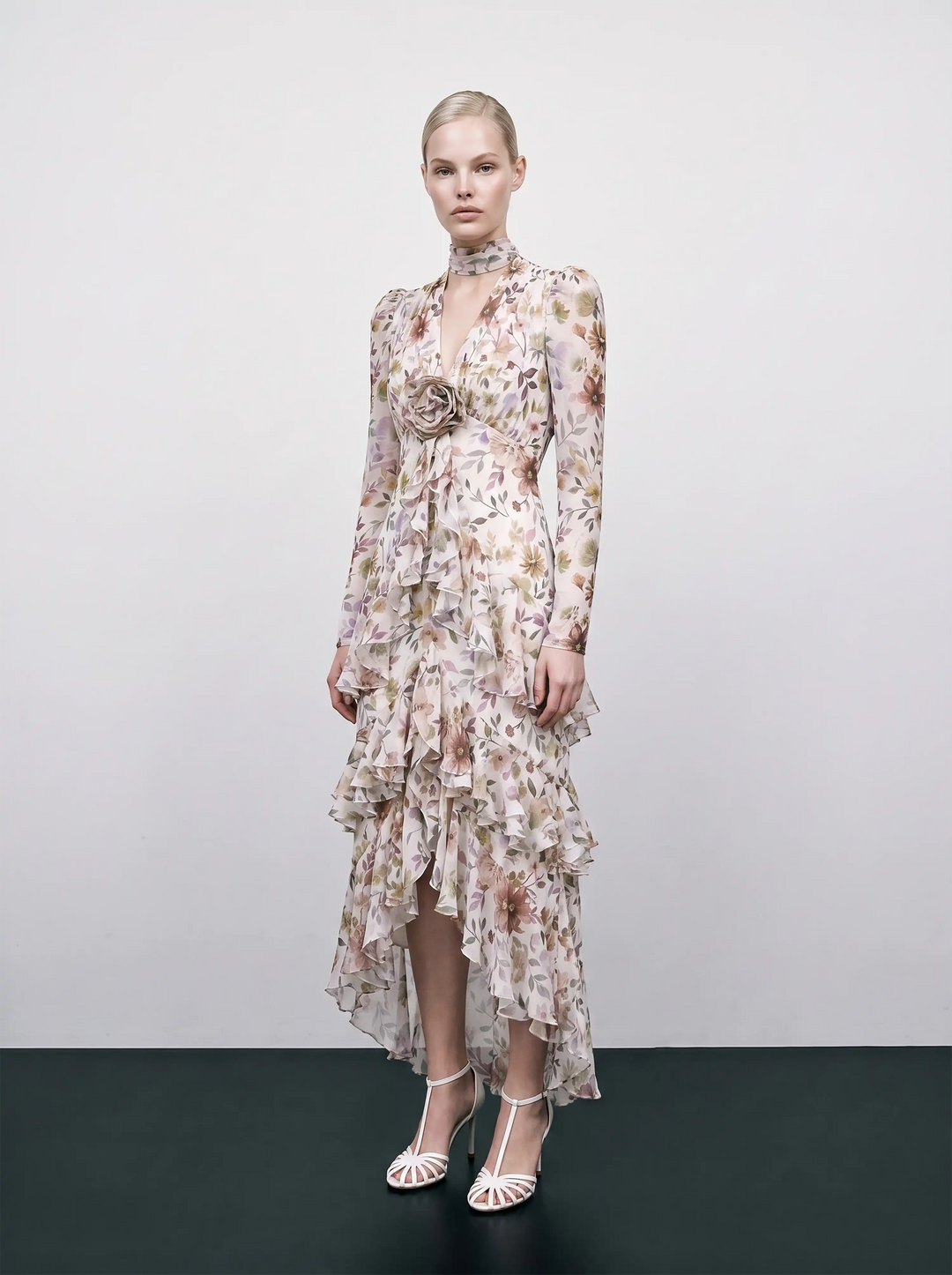 Beatrice sleeves, milky chiffon midi dress with multicolor floral print