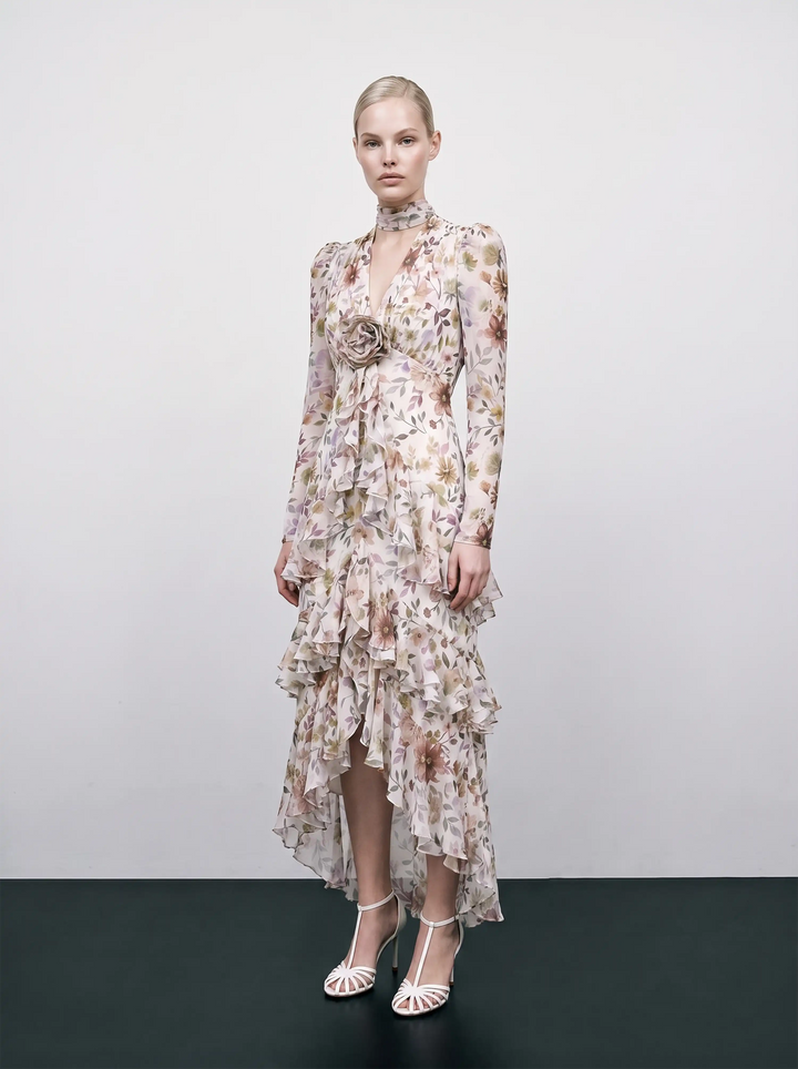 Beatrice sleeves, milky chiffon midi dress with multicolor floral print