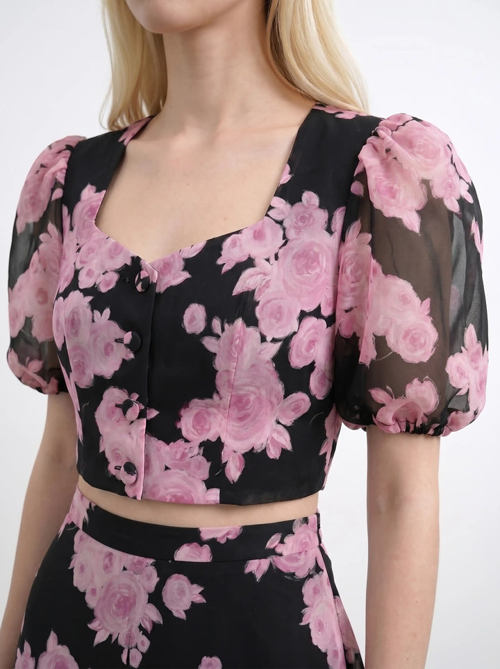 Chanelle, black chiffon top with large pink flowers