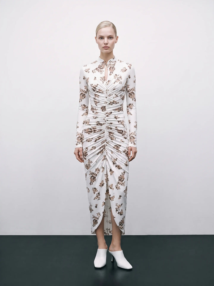 Ami midi, milky biflex midi dress with brown flowers