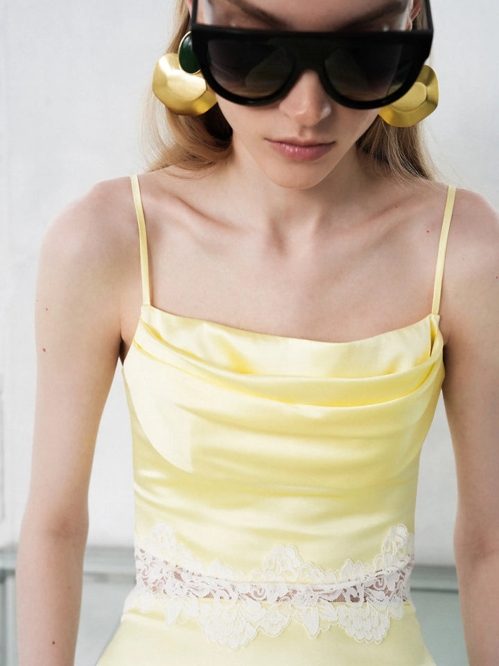 Cassie top, top in yellow satin with lace trim