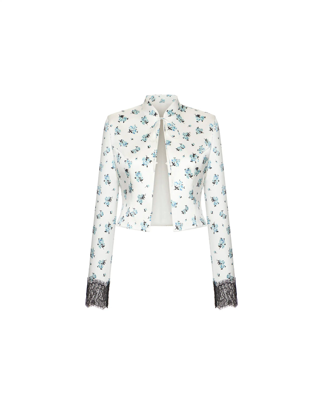 Chona, milky satin jacket with a floral print and black lace trim