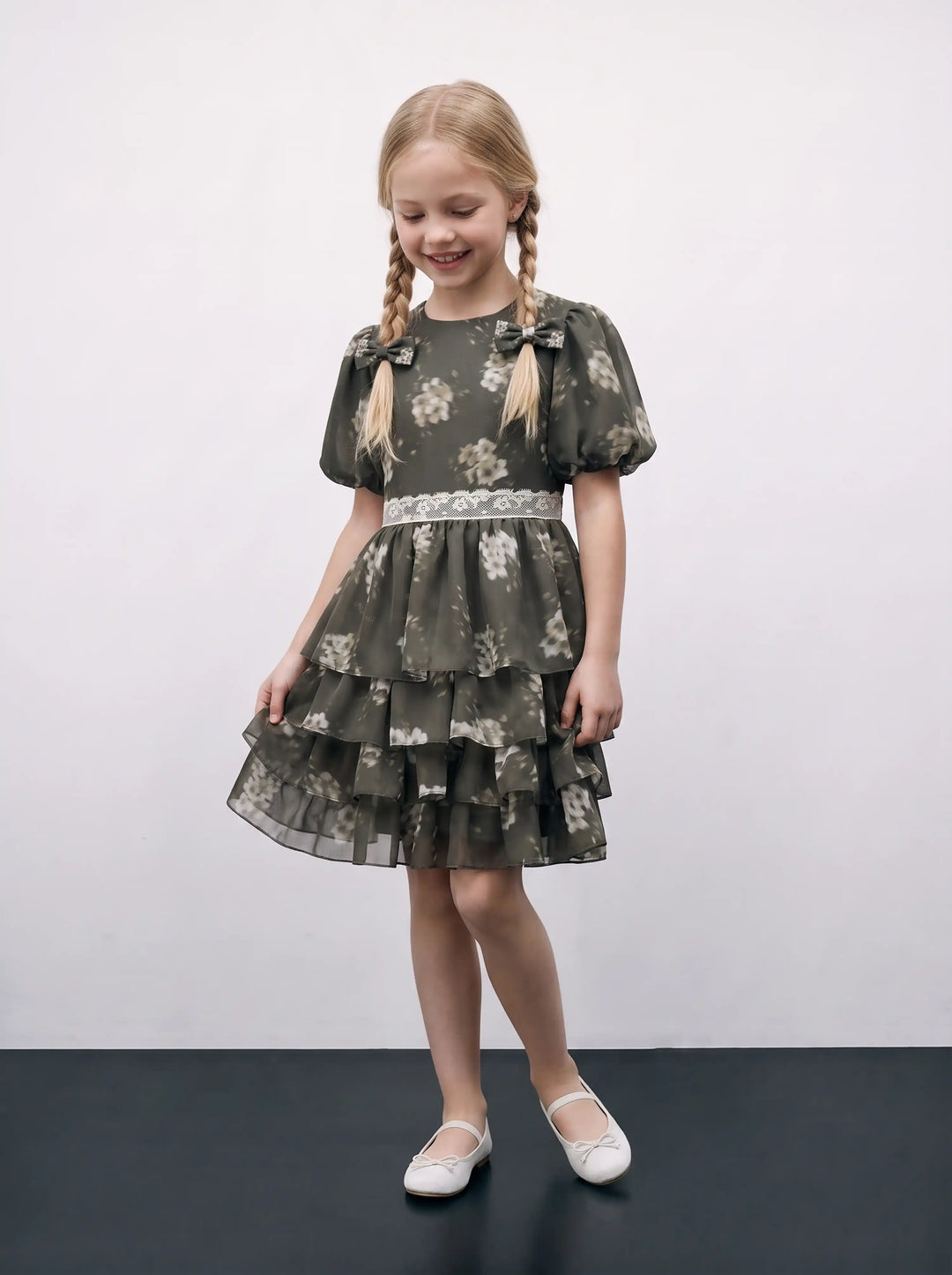 Fifi, khaki crepe de chine children's dress with ivory flowers