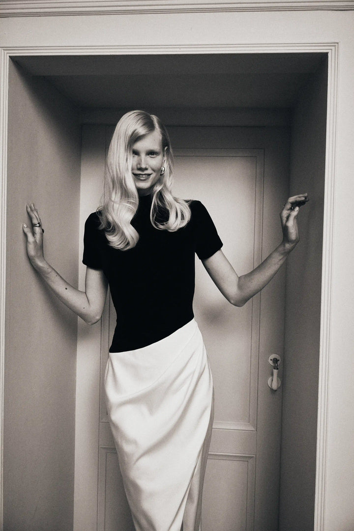 Celine midi, midi dress made of black lace with a skirt of black satin