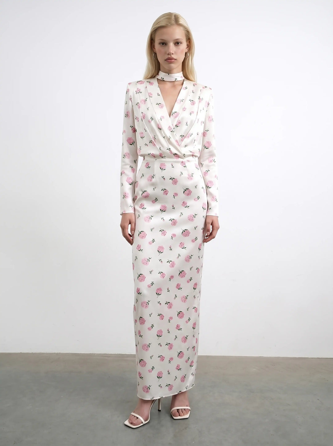 Jasmine maxi, satin maxi dress in milky with medium pink flowers