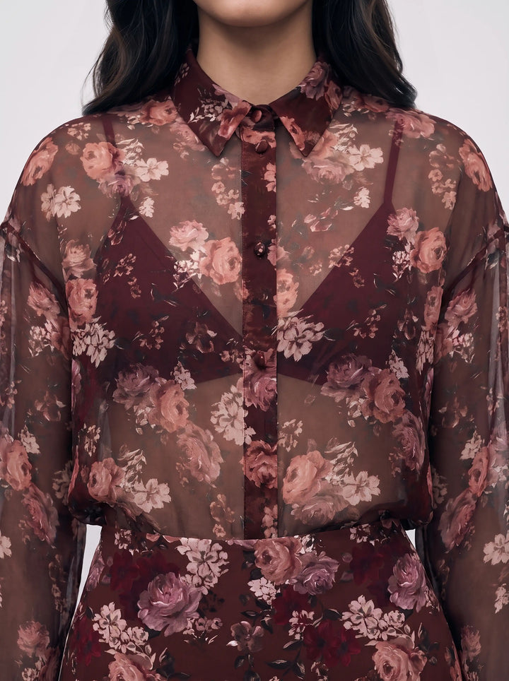 Harper, burgundy chiffon shirt with multicolor floral print