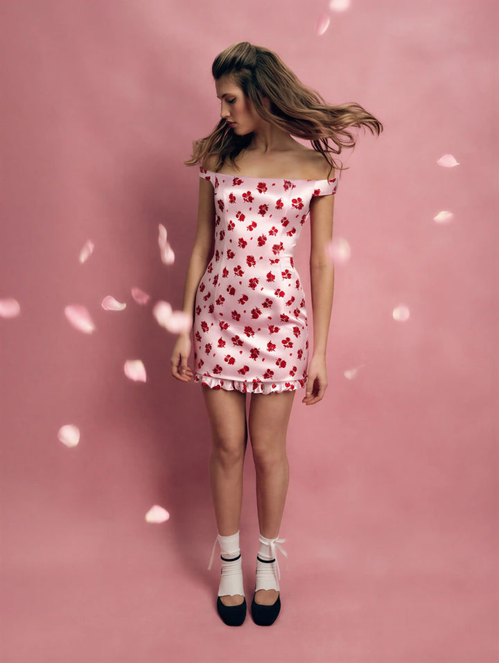 Cleo mini, light pink satin mini dress with floral print