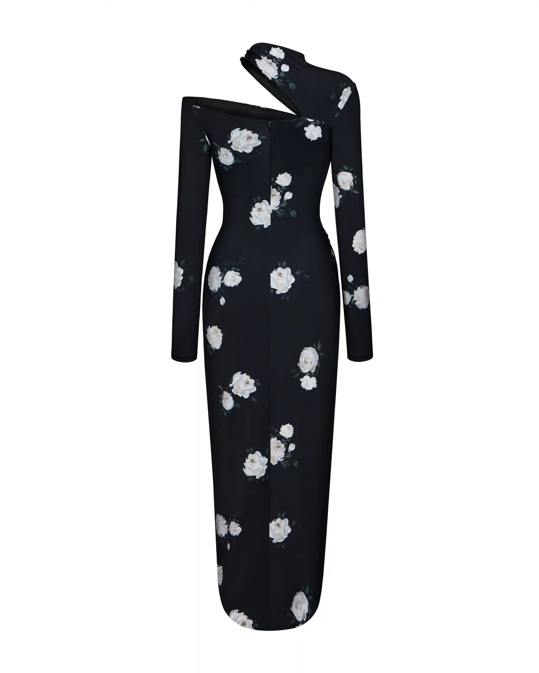 Jennifer midi, midi dress with long sleeves made of black biflex with floral print