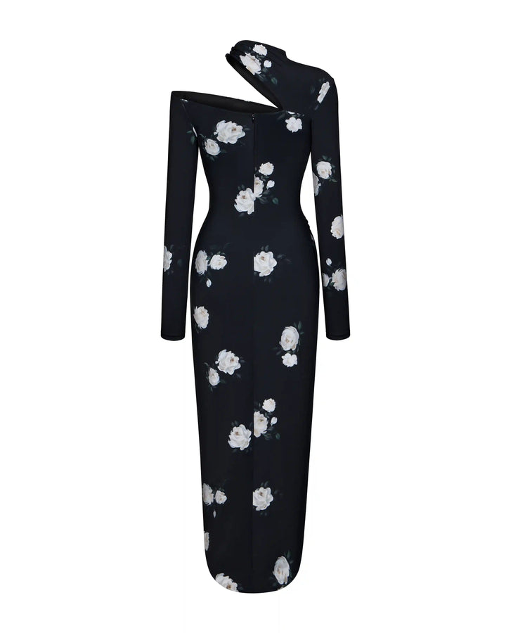 Jennifer midi, midi dress with long sleeves made of black biflex with floral print