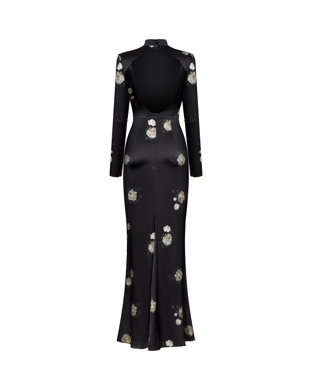 Muna, maxi dress with long sleeves made of black satin with a floral print