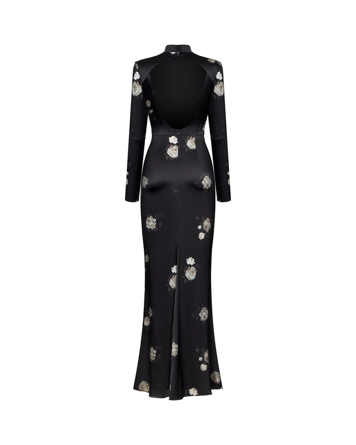 Muna, maxi dress with long sleeves made of black satin with a floral print