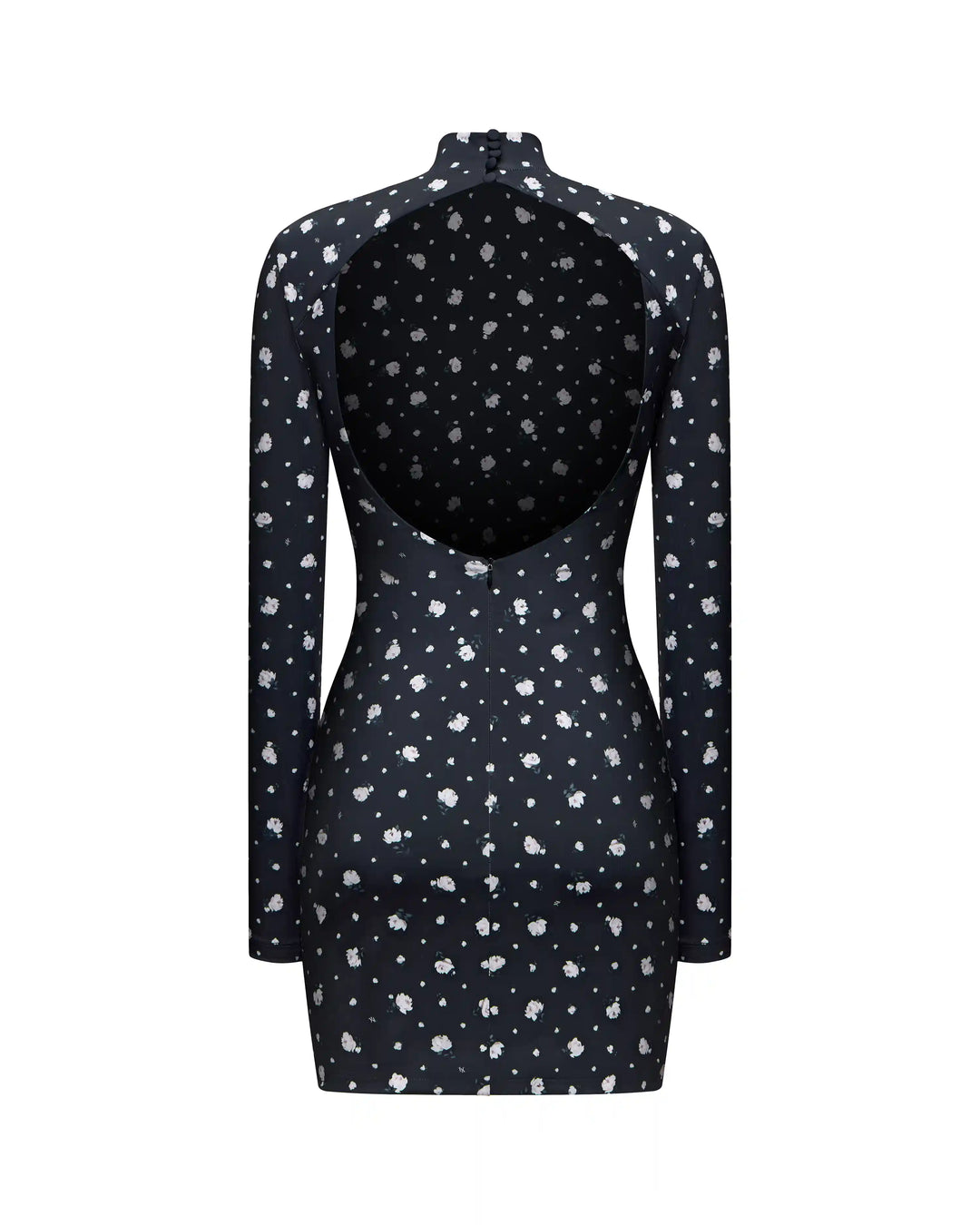 Muna mini, mini dress with long sleeves made of black biflex with small floral print