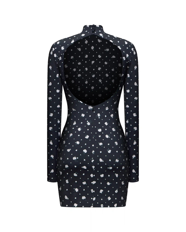Muna mini, mini dress with long sleeves made of black biflex with small floral print