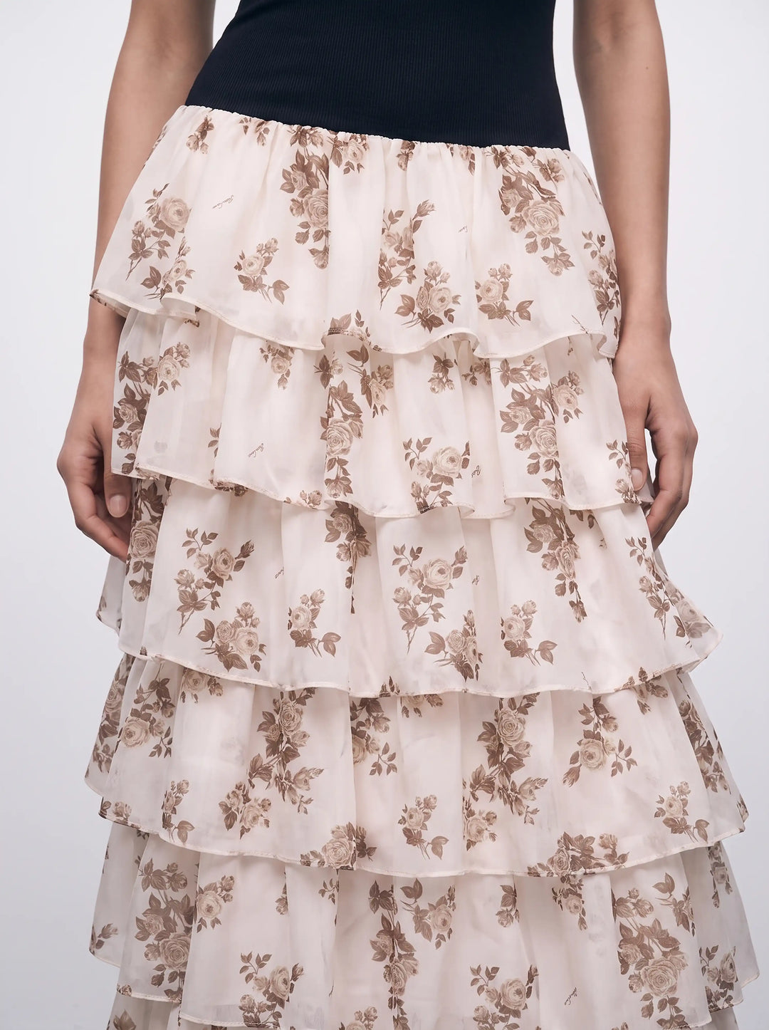 Grace midi, midi dress with a black biflex top and an ivory chiffon skirt with brown flowers