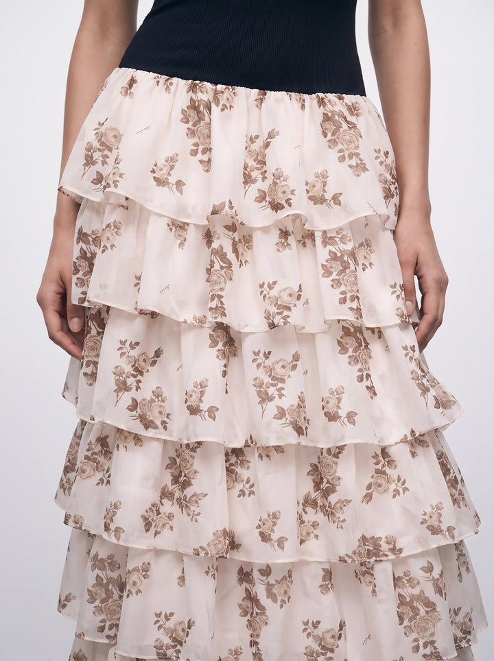 Grace midi, midi dress with a black biflex top and an ivory chiffon skirt with brown flowers