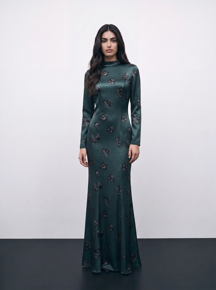 Bella maxi, emerald satin maxi dress with black flowers