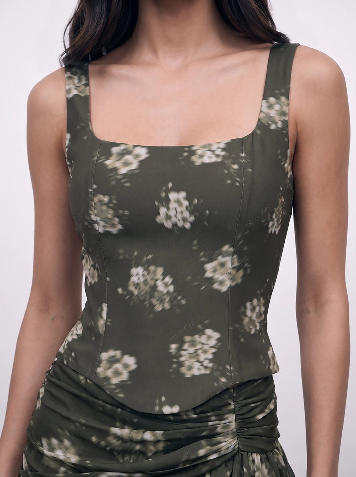 Vi, khaki chiffon corset top with ivory flowers