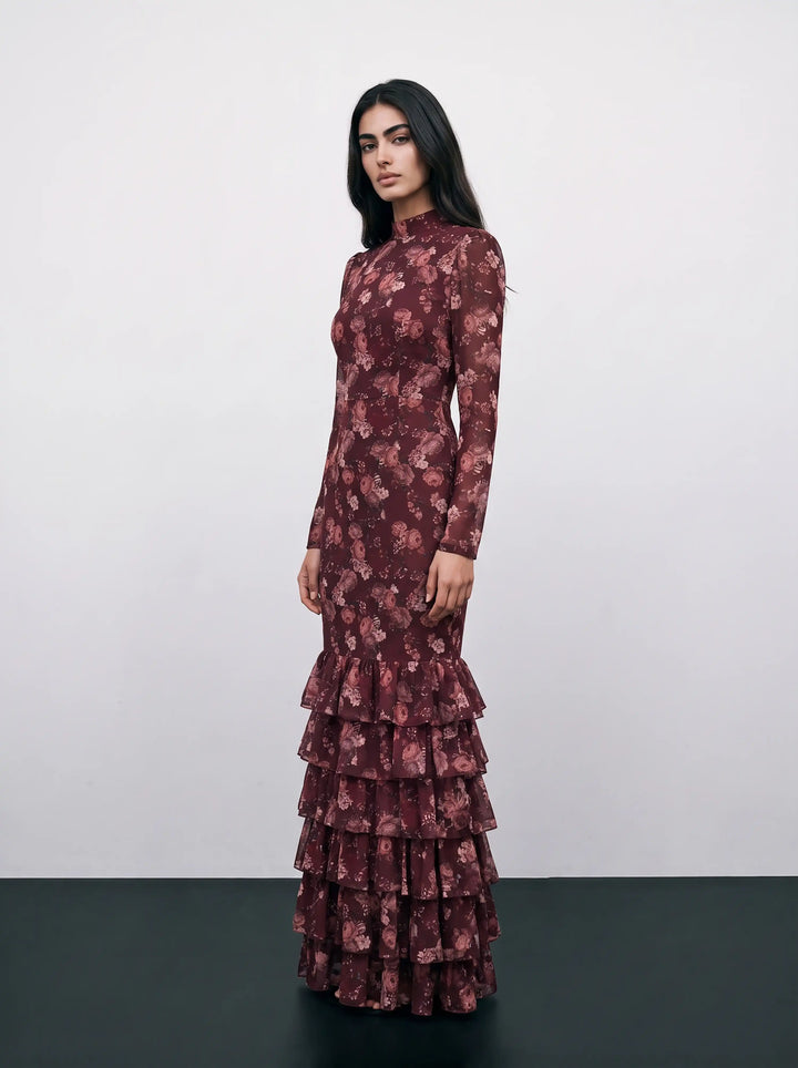 Rula maxi, burgundy chiffon maxi dress with multicolor flowers