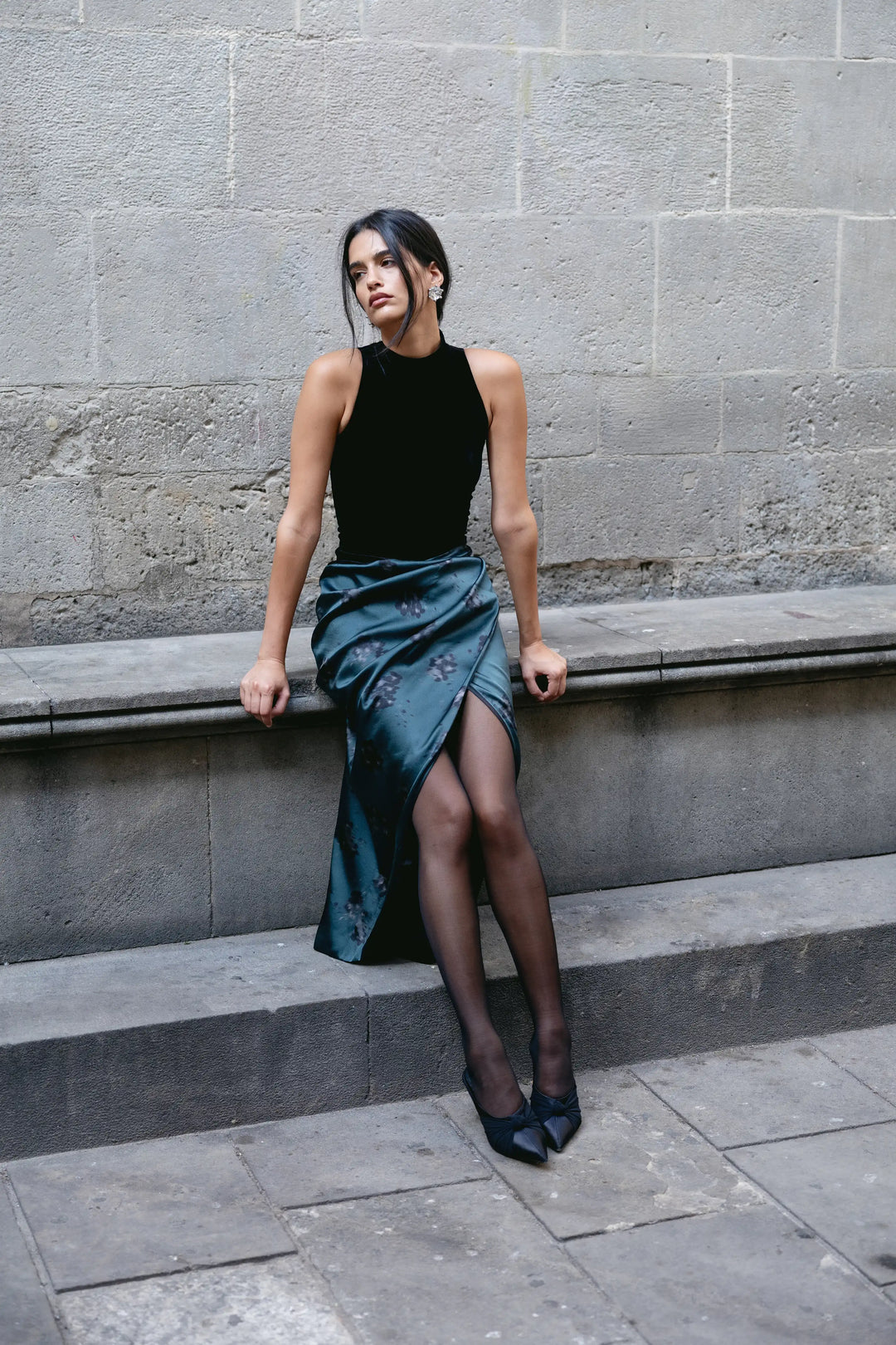 Simone midi, midi dress with black velvet top and emerald crepe de chine skirt with black flowers