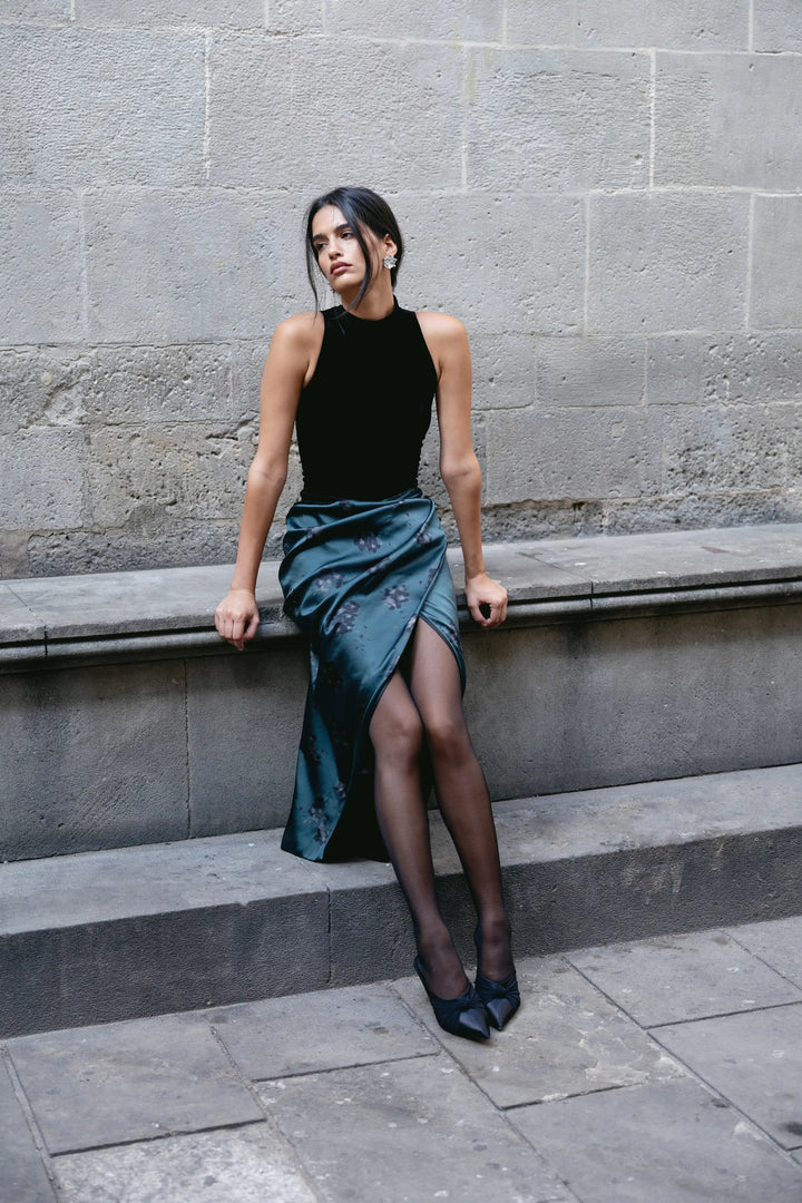 Simone midi, midi dress with black velvet top and emerald crepe de chine skirt with black flowers