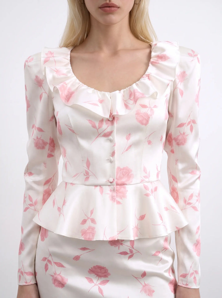Ri, ivory satin jacket with medium light pink flowers