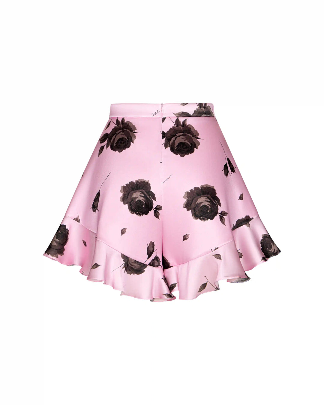 Audrie, mini shorts with ruffles made of lilac satin with gray flowers