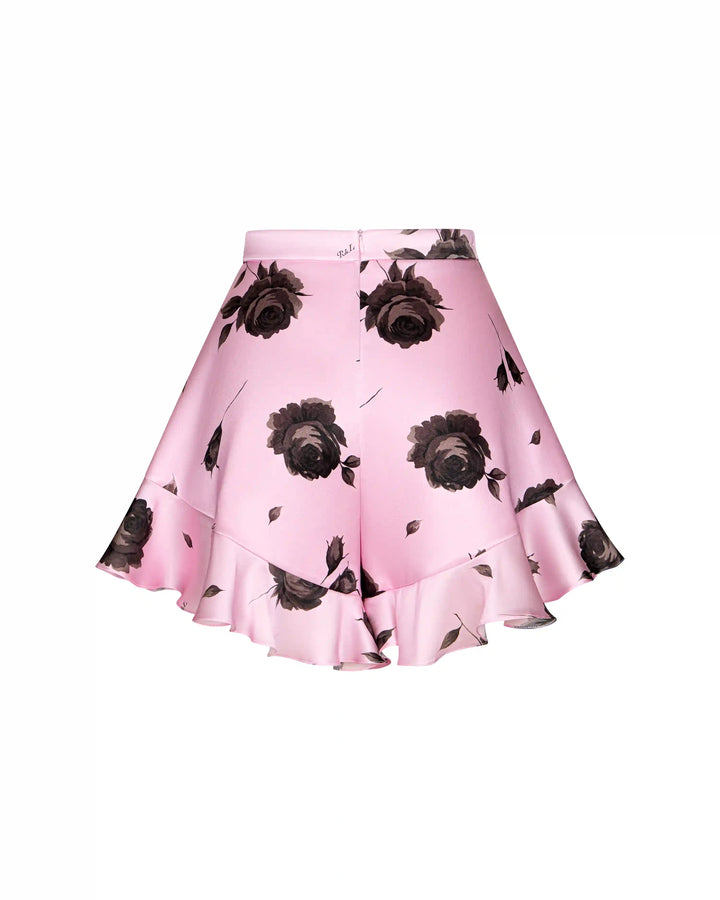 Audrie, mini shorts with ruffles made of lilac satin with gray flowers
