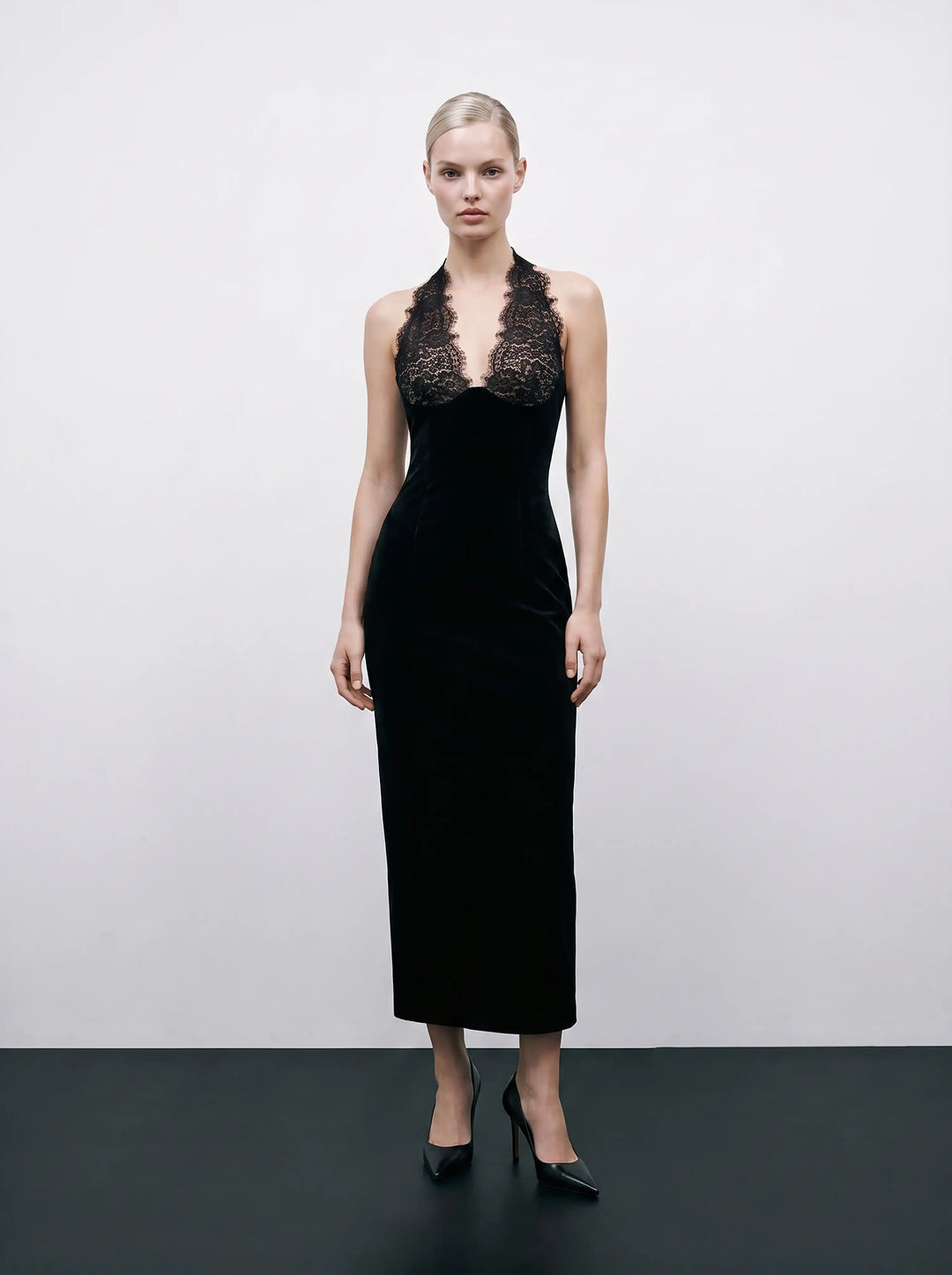 Livia midi, black velvet midi dress