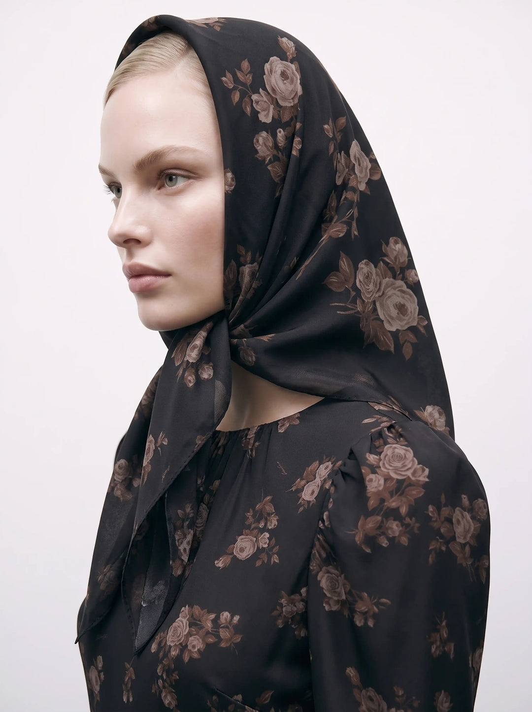 Leticia, black crepe de chine headscarf with brown flowers