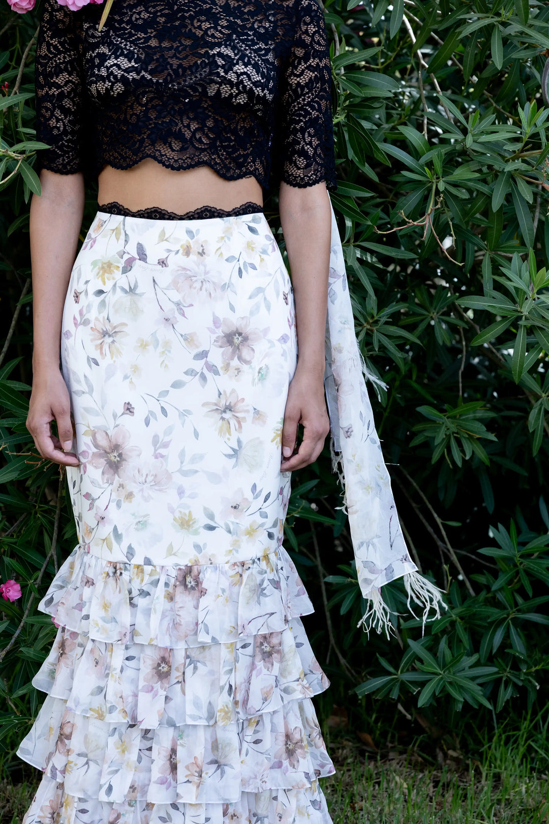 Ifa, black chiffon scarf with multicolor floral print