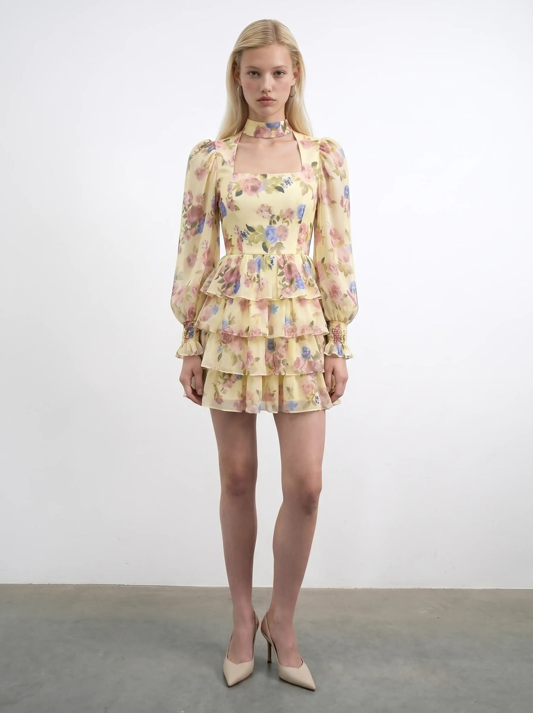 Valerie mini, mini dress in pale yellow crepe de chine with a floral p – ROSES LACE