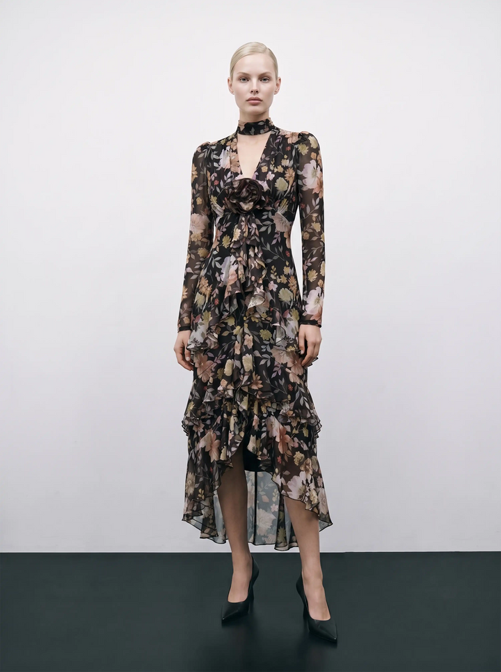 Beatrice sleeves, black chiffon midi dress with multicolor floral print
