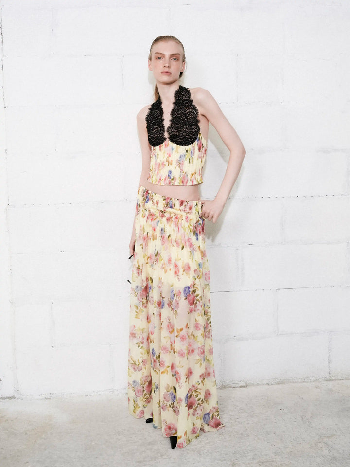 Iya maxi, maxi skirt in pale yellow chiffon with a floral print