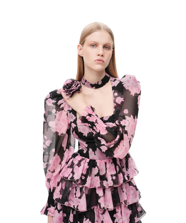 Floriena, choker with a black chiffon rose with pink flowers