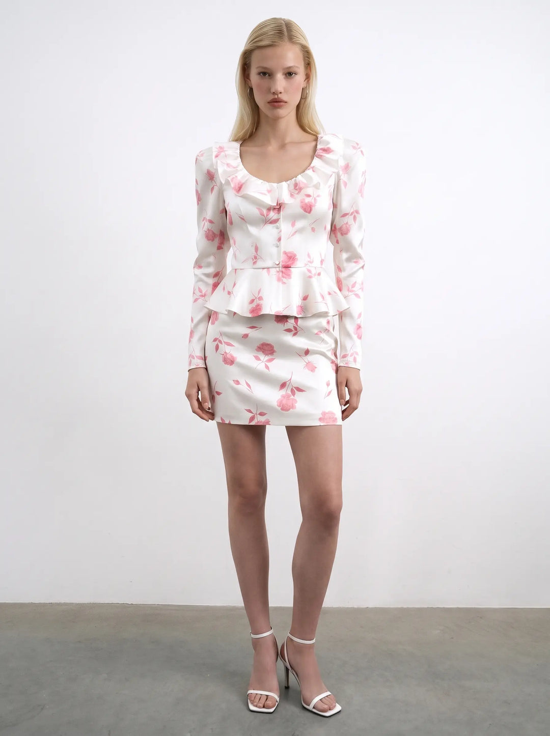Mona mini, ivory satin mini skirt with medium light pink flowers