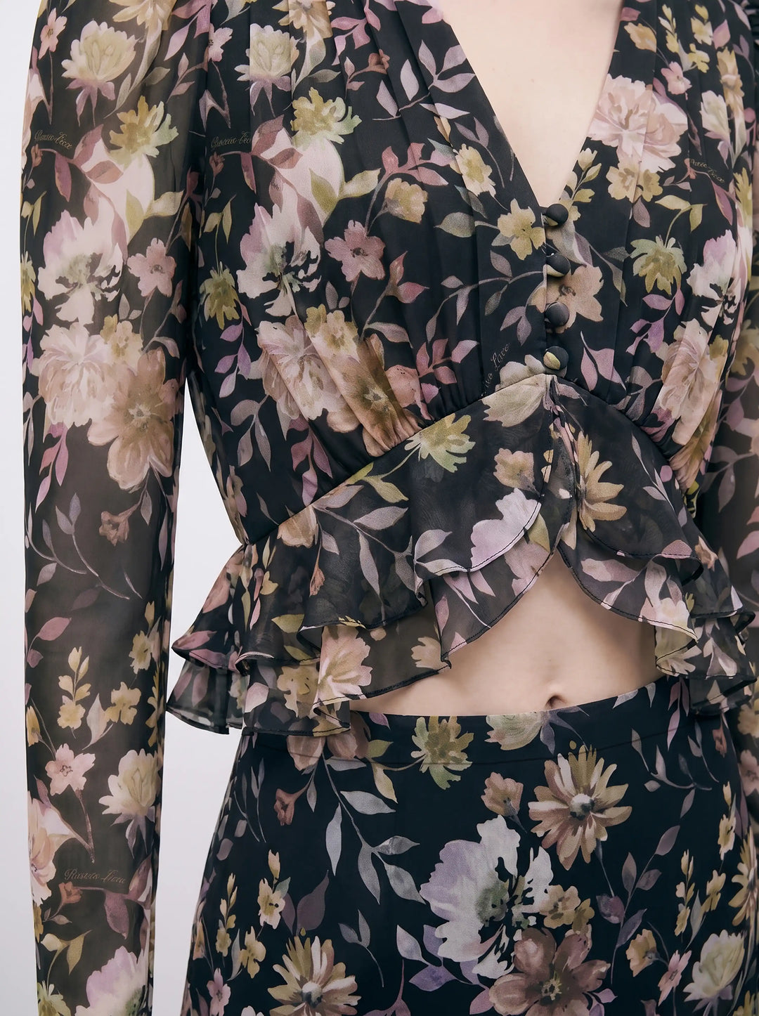 Carolina, black chiffon blouse with multicolor floral print