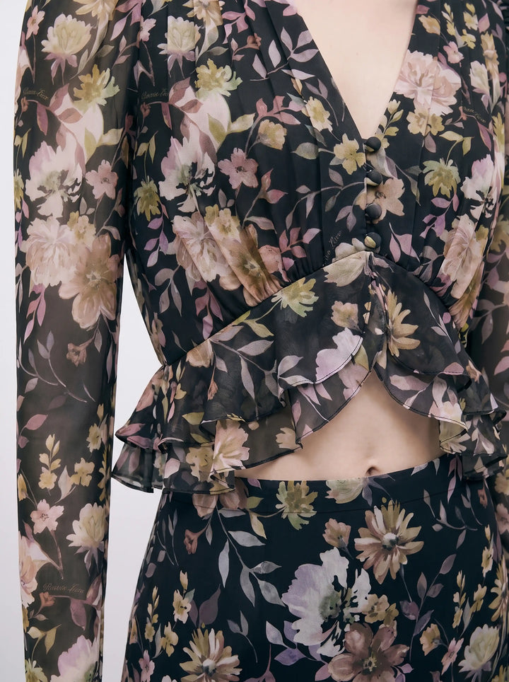 Carolina, black chiffon blouse with multicolor floral print