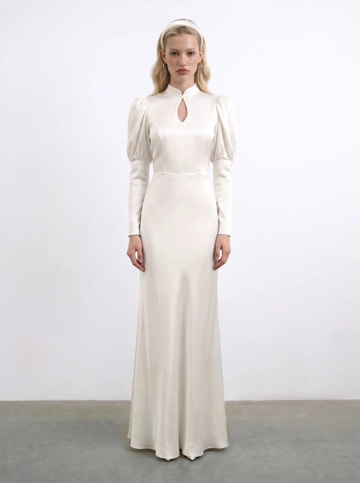 Giannetta maxi, silk satin maxi dress with long sleeves in ivory