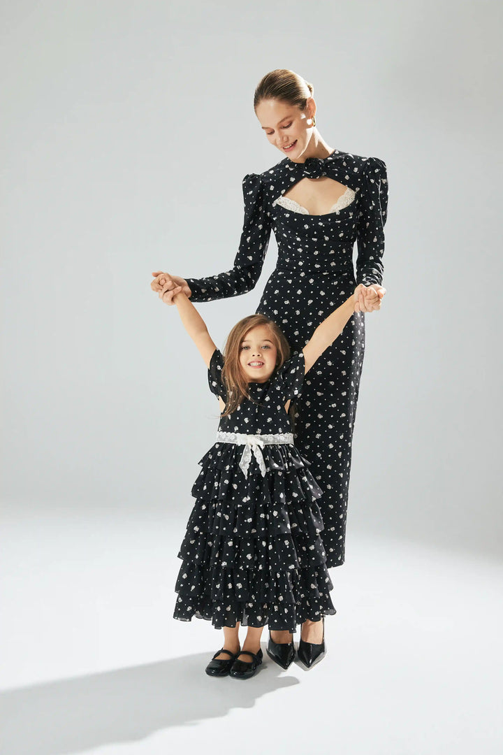 Ava lace, children's dress made of crepe de chine with small floral print