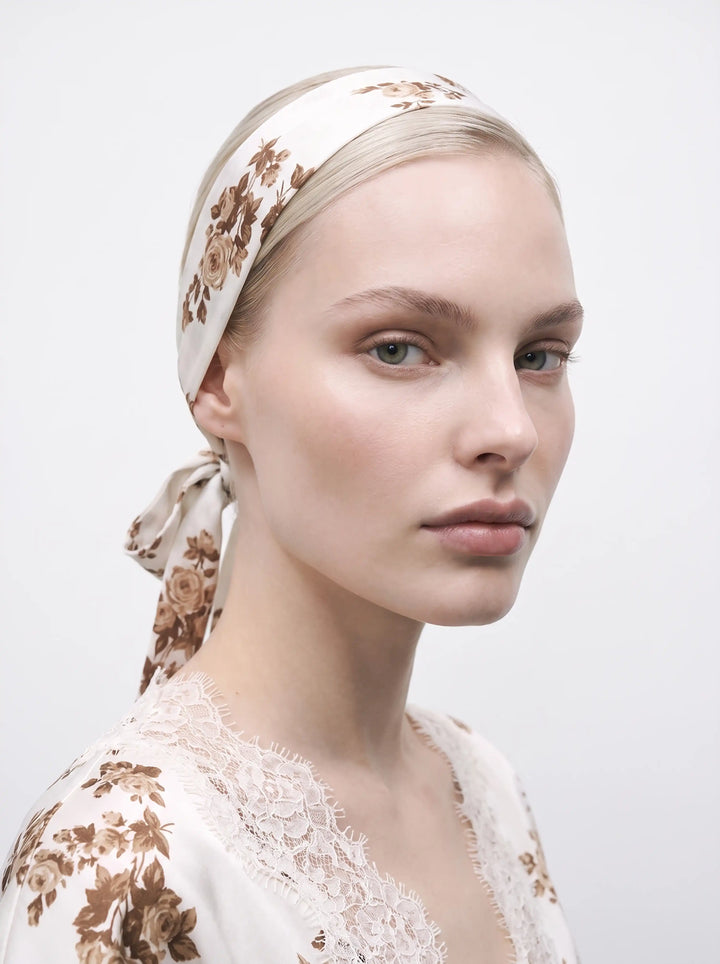Luana, ivory satin ribbon with brown flowers