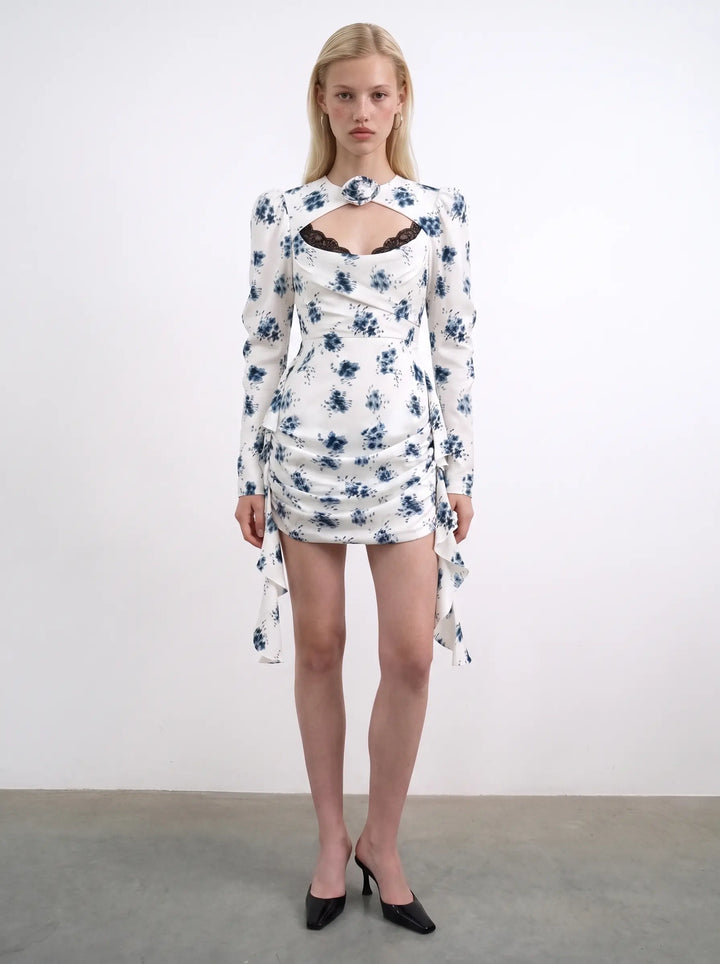Macy mini, milky crepe de chine mini dress with floral print