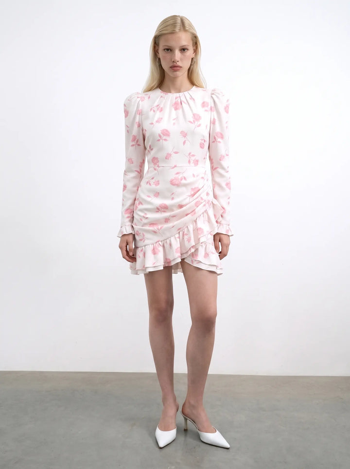Charlotte mini, ivory crepe de chine mini dress with medium light pink flowers