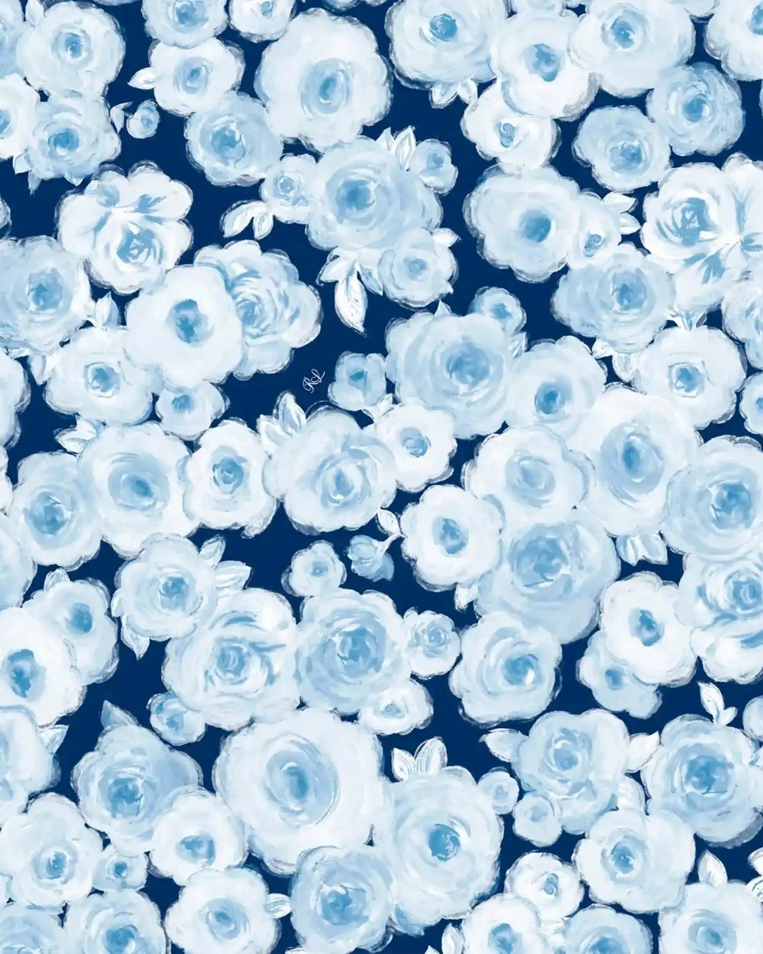 Perla midi, blue crepe de chine dress with medium blue flowers