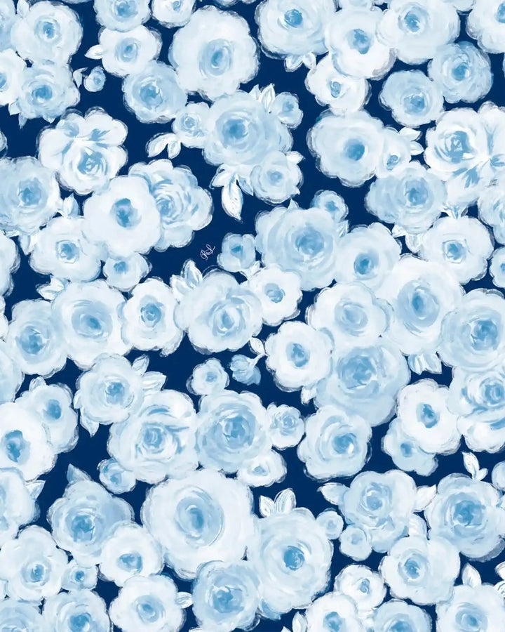 Perla midi, blue crepe de chine dress with medium blue flowers
