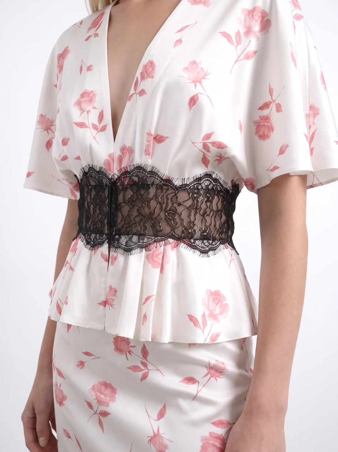 Yasmin, ivory satin blouse with medium light pink flowers