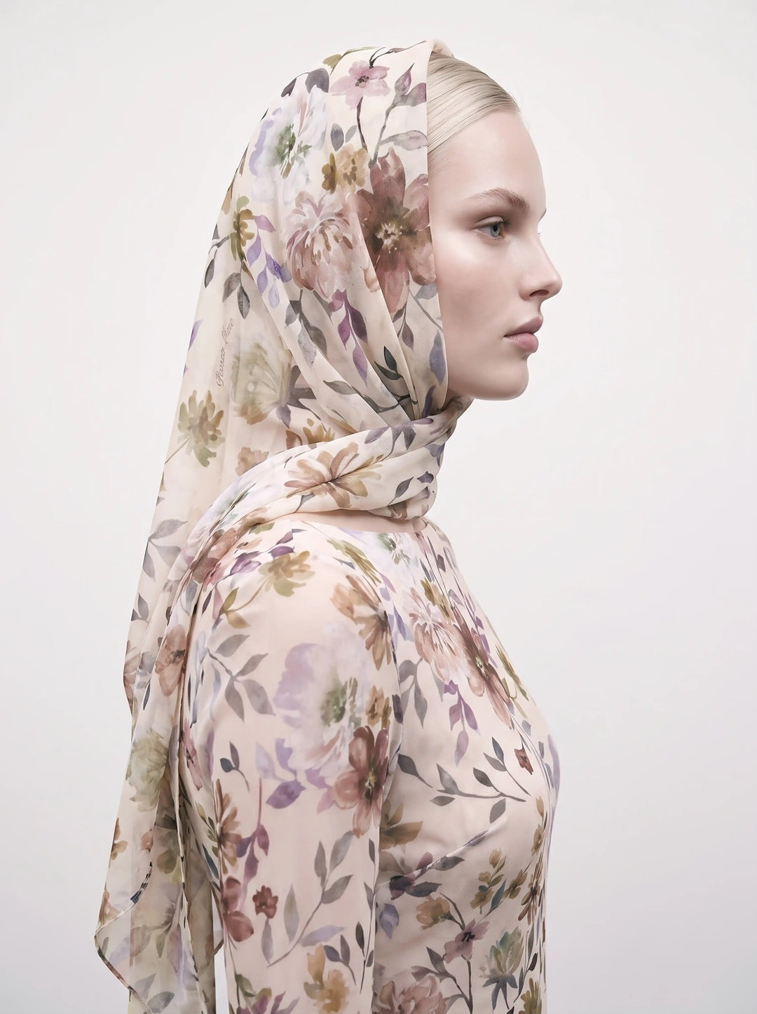 Leticia, beige chiffon headscarf with chocolate flowers