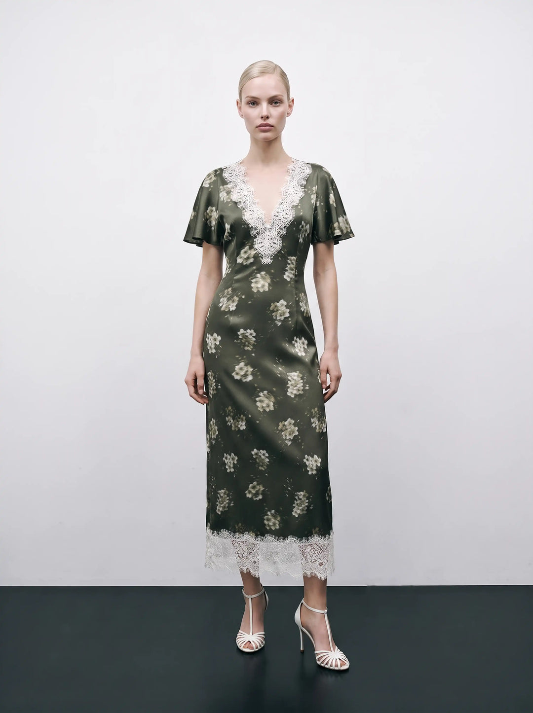 Odette midi, khaki satin midi dress with ivory flowers
