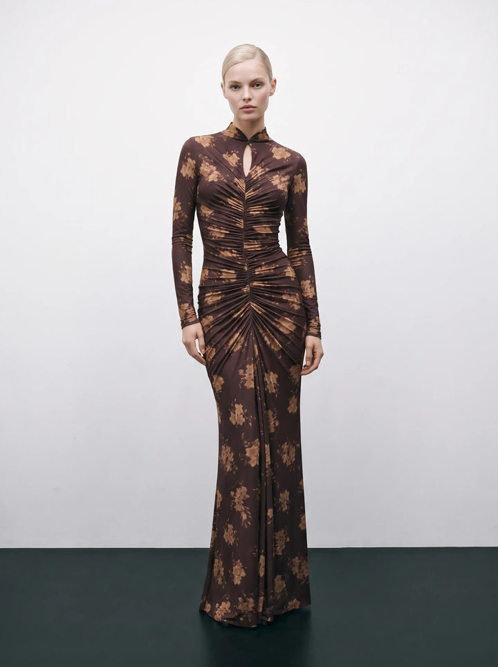 Madiya maxi, chocolate biflex maxi dress with beige flowers