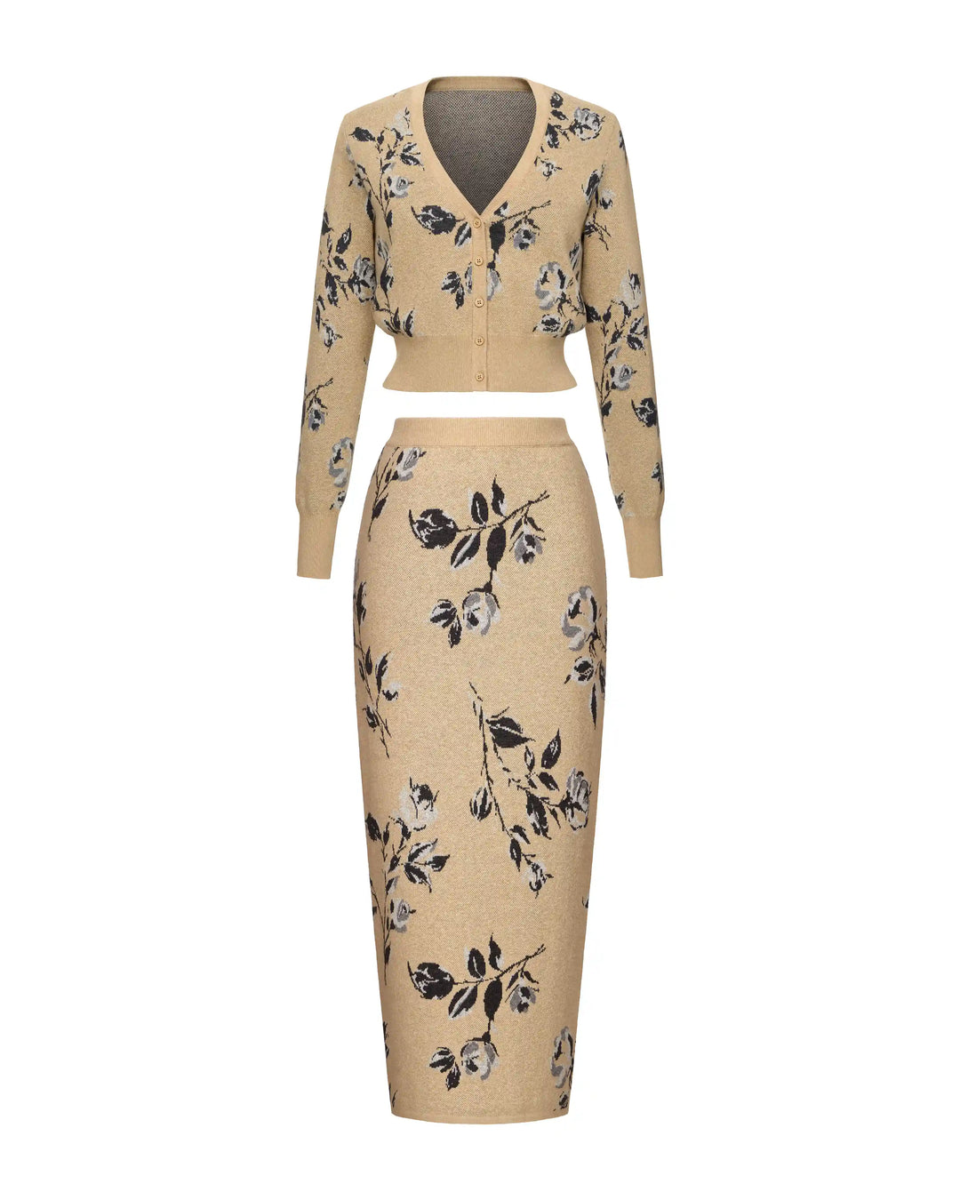 Heather-Dorothy, knitted set made of beige cotton with floral print